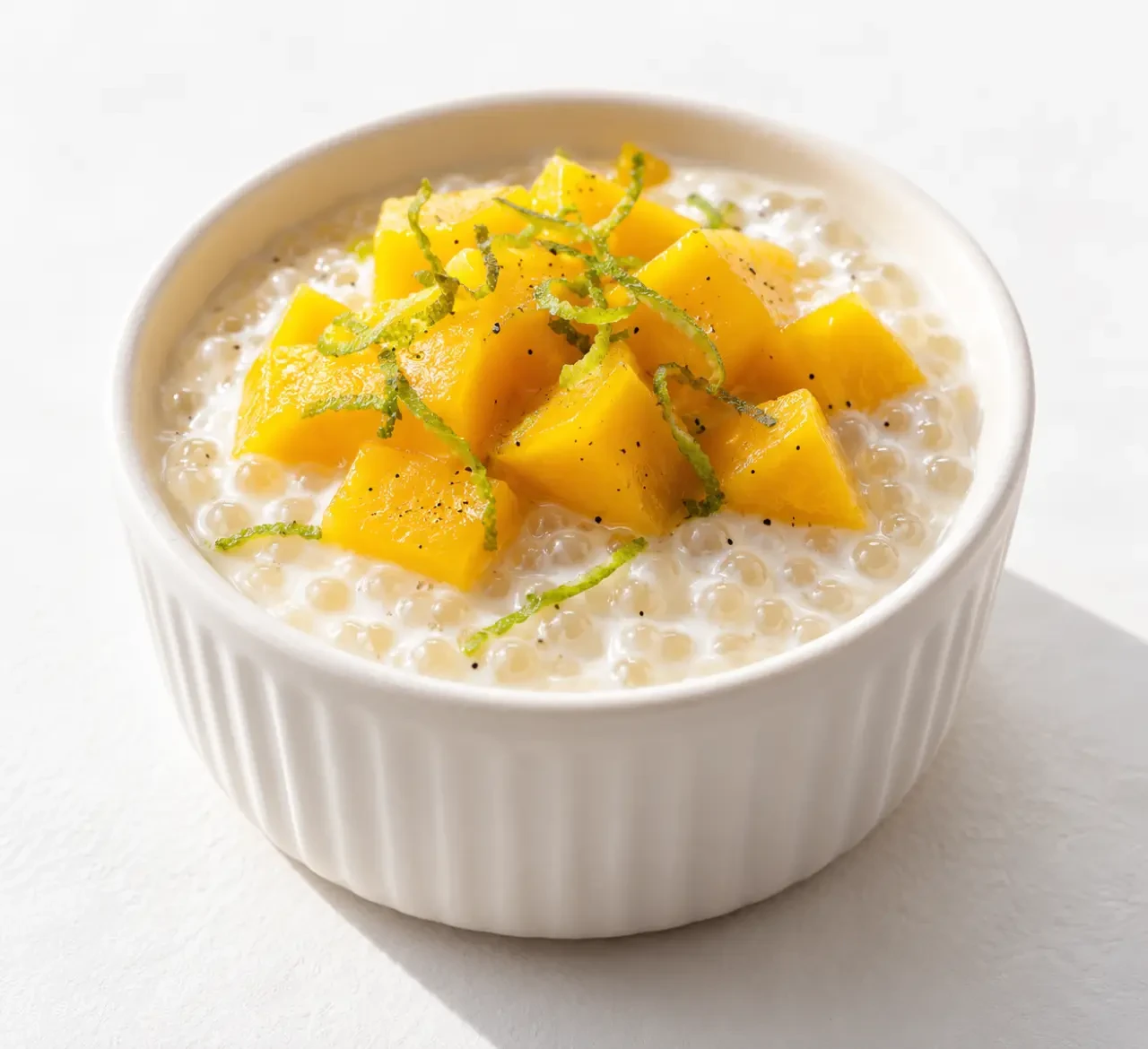 Recette perle japon au lait de coco et à la mangue servie dans un ramequin