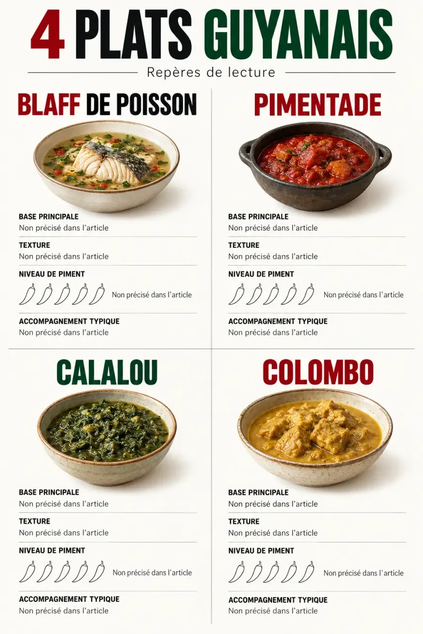 Infographie comparative des principaux plats guyanais et de leurs caractéristiques