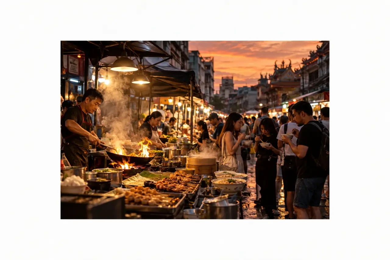 Marché de Yaowarat illustrant la street food thailande à Bangkok le soir