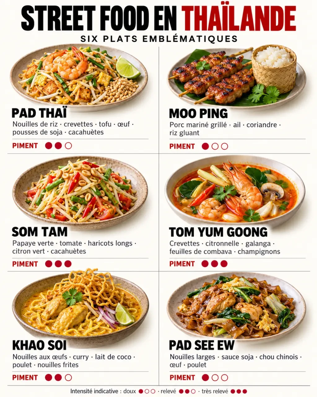Infographie des plats emblématiques de la street food thailande avec niveaux de piment et ingrédients