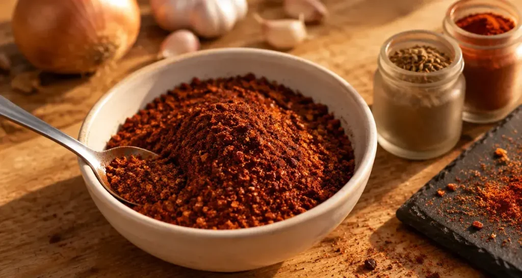 epice chili en poudre, bol en céramique blanc sur table en bois
