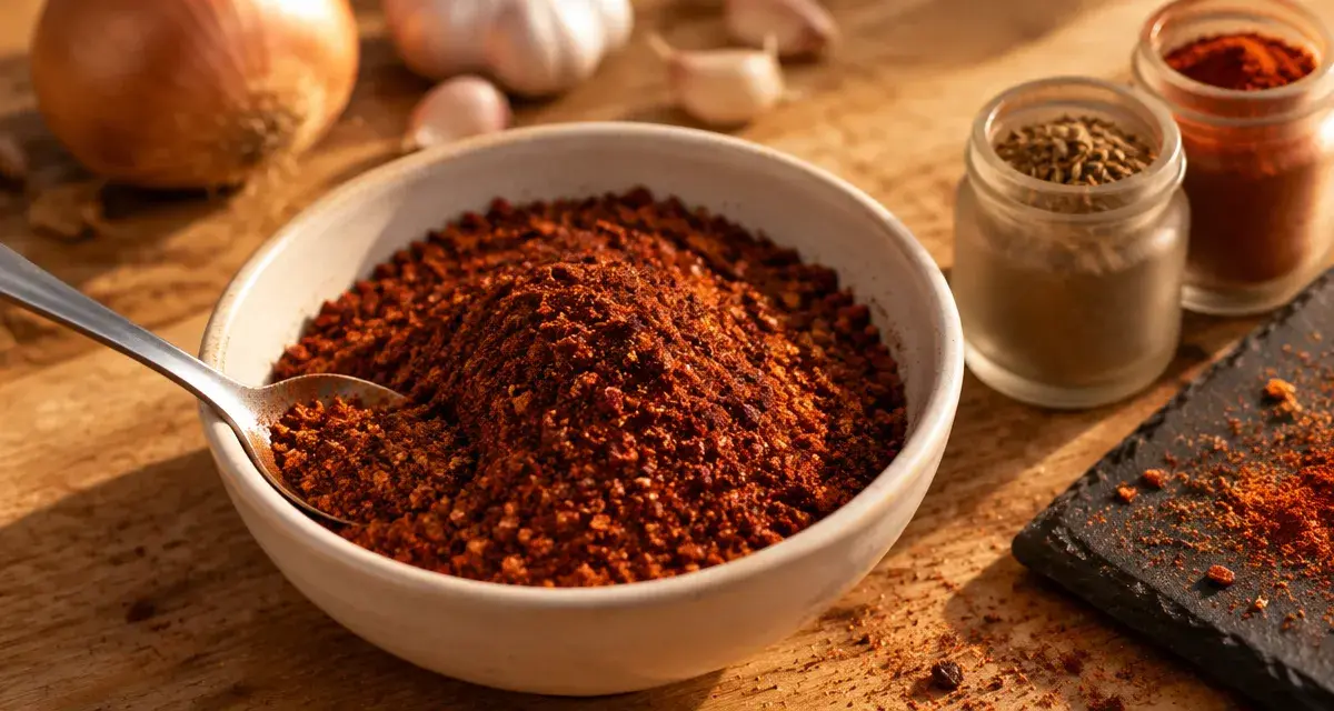 epice chili en poudre, bol en céramique blanc sur table en bois