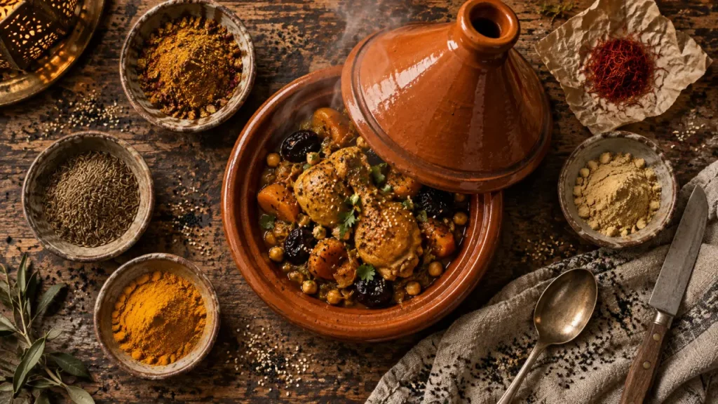 Epices du maroc : ras-el-hanout et épices dans des bols, tajine en terre cuite