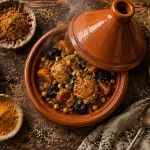 Epices du maroc : ras-el-hanout et épices dans des bols, tajine en terre cuite