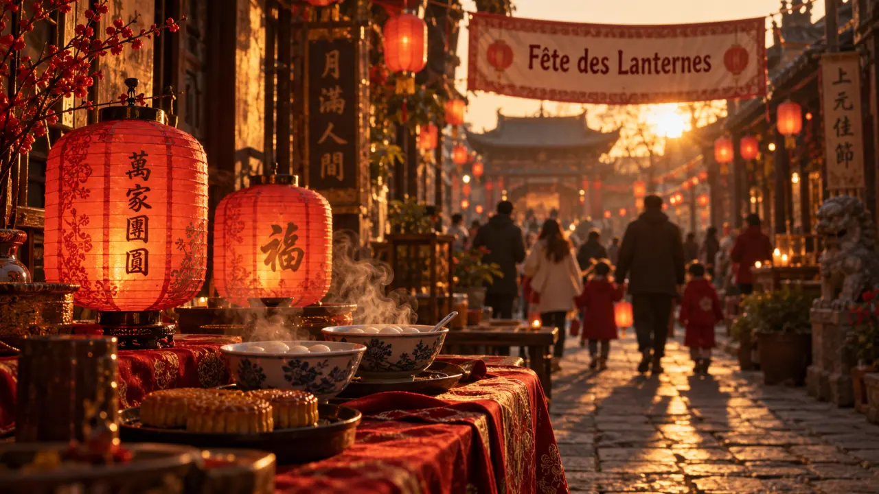 Fetes chinoises : lanternes rouges et yuanxiao dans une ruelle
