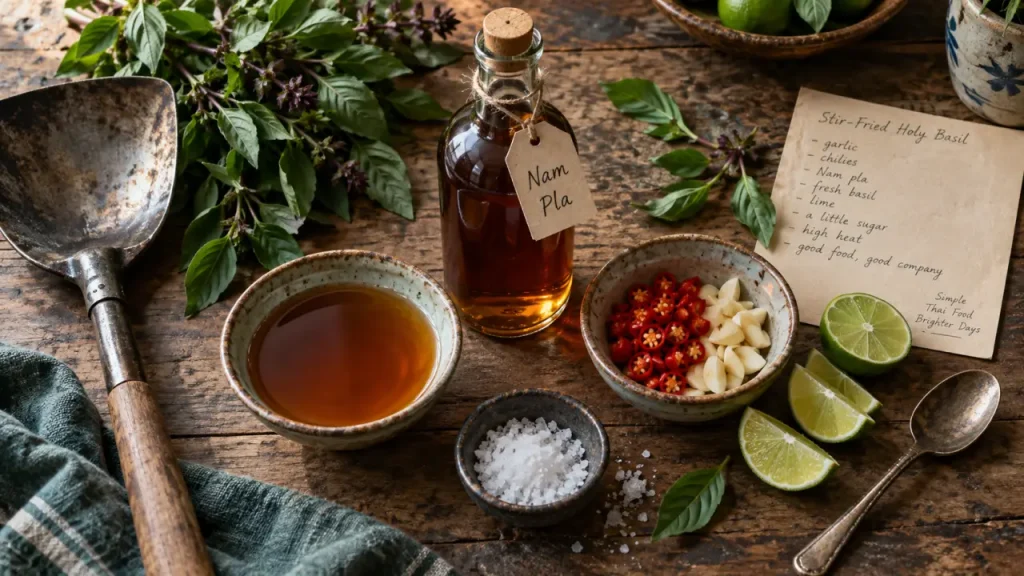 Nam pa, bouteille de sauce de poisson et ingrédients thaï