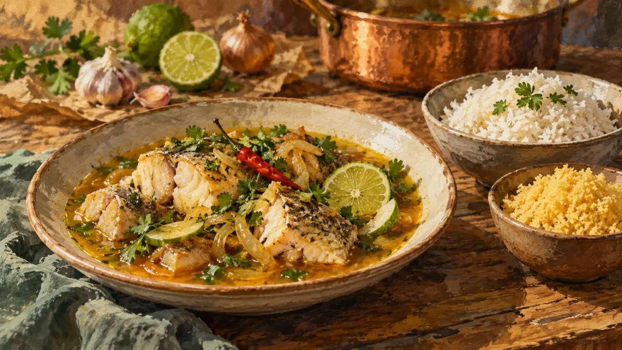Plat guyanais : blaff au citron vert, riz blanc et herbes