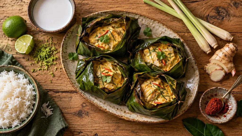 Recette cambodge Amok trey à la vapeur en papillotes de feuilles de bananier