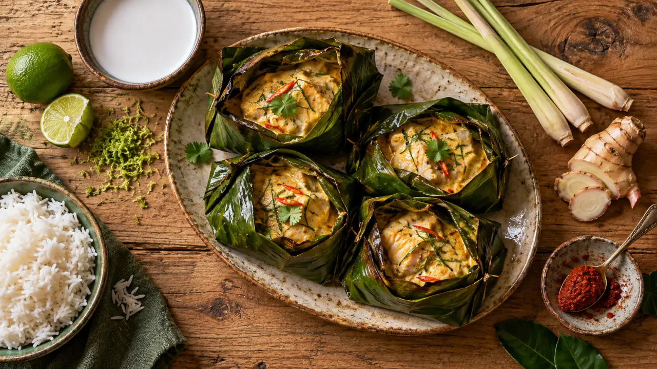 Recette cambodge Amok trey à la vapeur en papillotes de feuilles de bananier