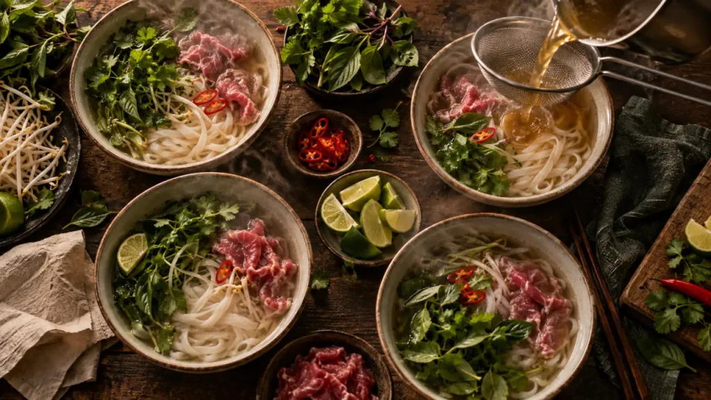 soupe pho recette traditionnelle : bouillon clair, nouilles et bœuf, basilic thaï et citron vert