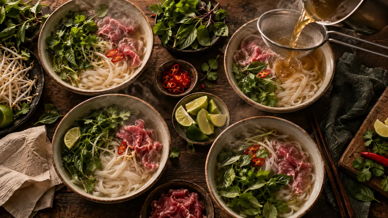 soupe pho recette traditionnelle : bouillon clair, nouilles et bœuf, basilic thaï et citron vert