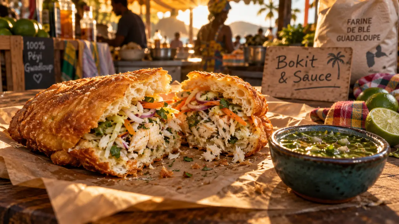Spécialité guadeloupe : bokit croustillant et sauce chien verte