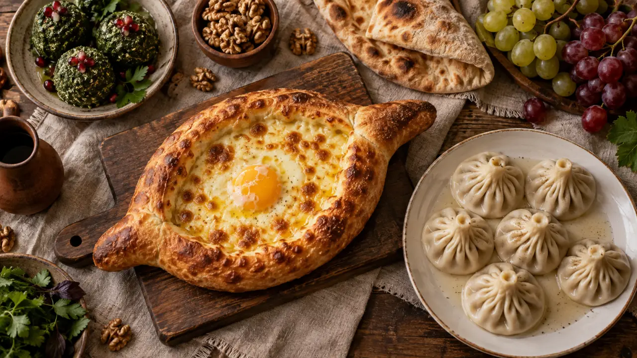 Specialites georgienne : khachapuri doré et khinkali