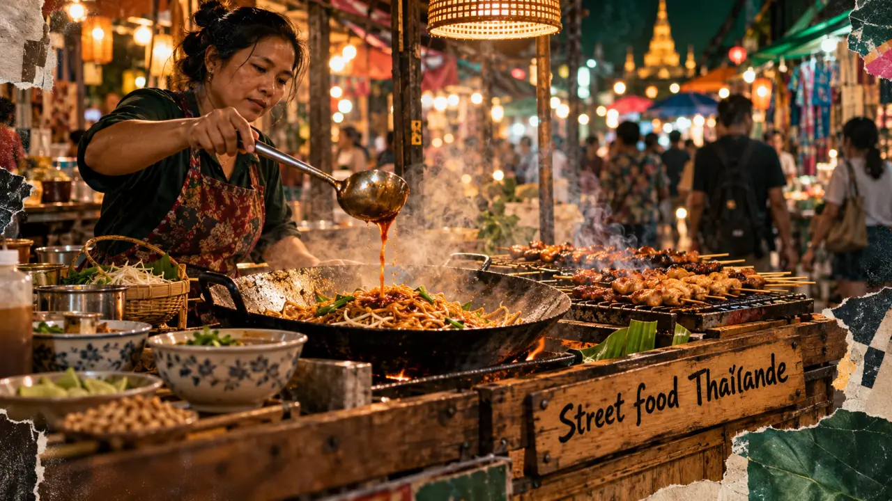 Street food thailande : stand wok fumant au marché nocturne à Bangkok