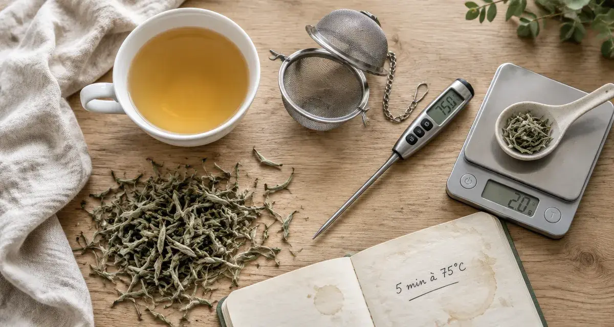 Temps infusion thé blanc 5 minutes, feuilles et tasse