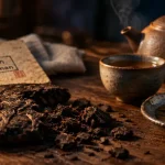 Thé pu erh bienfaits : galette pu-erh du Yunnan, tasse et théière fumante