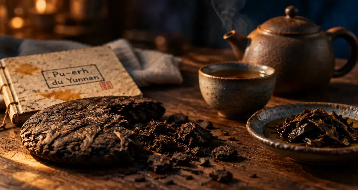 Thé pu erh bienfaits : galette pu-erh du Yunnan, tasse et théière fumante